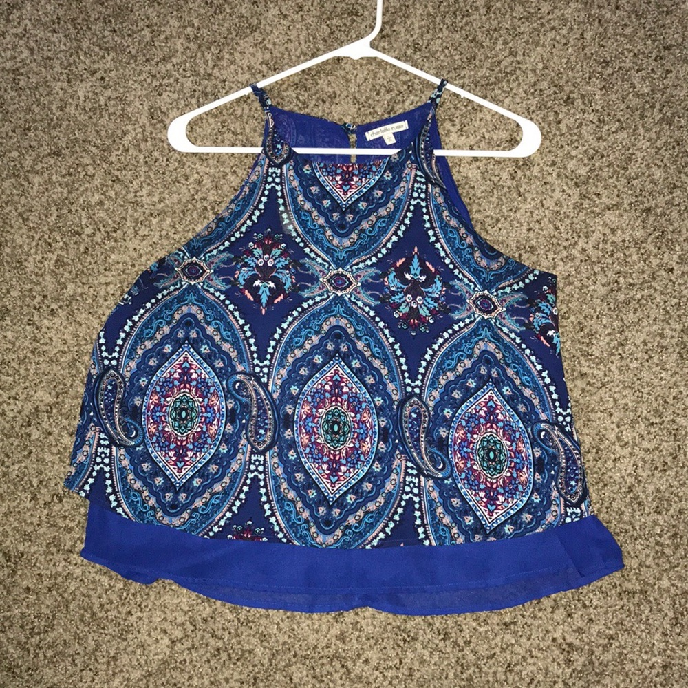 blue halter tank with patterns